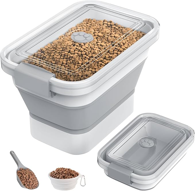 10-13 Lbs Dog Food Storage Container,Collapsible Dog Food Container with Transparent Airtight Lid,Pet Food Scoop and Dog Bowl,Multifunctional Food Storage Container for Pet Food,Rice,Flour