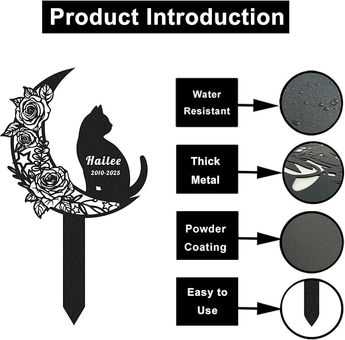 Custom Cat Memorial Grave Marker Burial Stake, Personalized Rose Flowers Moon Cat Memorial Stake Garden Yard Sign for Outdoors, Customized Metal Cats Memorial Plaque Pet Loss Sympathy Gift