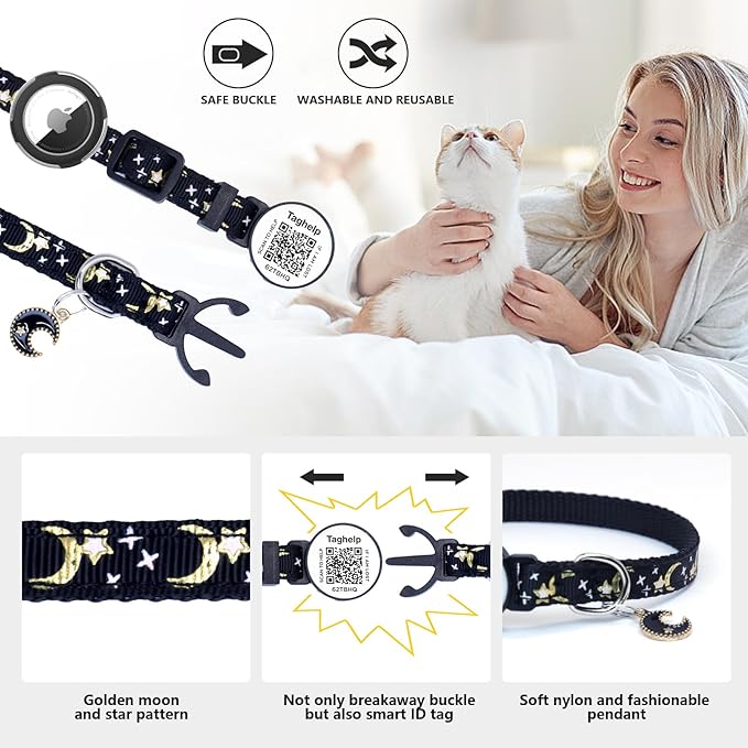 2PCS Breakaway Cat Collars with Bell & Moons Stars Design - Cute Adjustable Kitten Collars with Glow in The Dark Pendant & Waterproof AirTag Holder - Safe & Stylish for Cats(Pink&Blue)