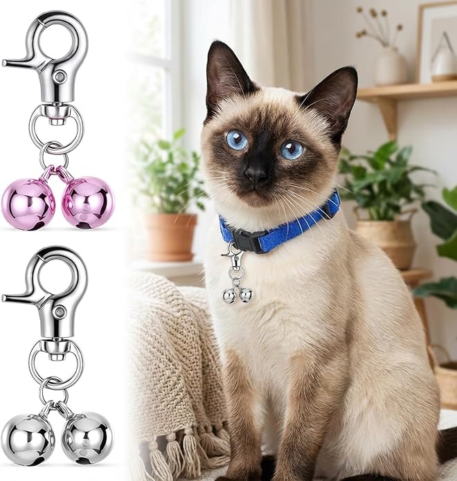 4PCS Bells for Dog Collars Cat Bells for Collar Loud Stainless Steel Dog Bell for Collar Accessories Training Collars Charm with Heavy Duty Snap Clips Christmas Gift (Silver & Purple)