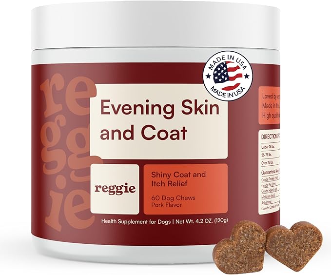 Reggie Skin & Coat Supplements for Dogs | Omega-3 Fish Oil & Vitamin E for Itchy Skin Relief, Shedding & Shiny Coat | Natural Dog Skin & Coat Chews | Vet-Approved & Made in USA | 60 Soft Chews