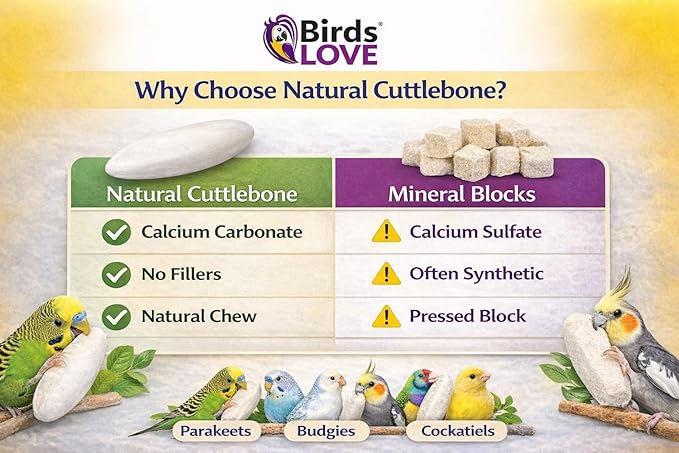 Birds LOVE 7.5-8" Cuttlebones for Birds – 100% Natural Sun-Dried Calcium Carbonate Mineral Supplement – for Parakeets, Budgies, Cockatiels, Finches & Canaries – 2 Pack with Holder – Made in Vietnam