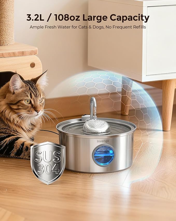 Cat Water Fountain Stainless Steel, 3.2L/108oz Pet Drinking Fountain for Cats Dogs, Automatic Cat Fountain with 2 Flow Modes, Splash-Proof Bowl