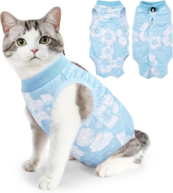 SlowTon Cat Recovery Suit - Cat Onesie for Cats After Surgery Female Male, Kitten Clothes Cats Surgical Spay Suit Abdominal Wounds, E-Collar Alternative Bodysuit Shirt Anti-Licking (Blue Flower,S)