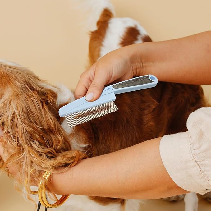 Pet Comb, Stainless Steel Fine-Tooth Pet Brush with Ergonomic Rubber Handle, Dog Comb for Grooming