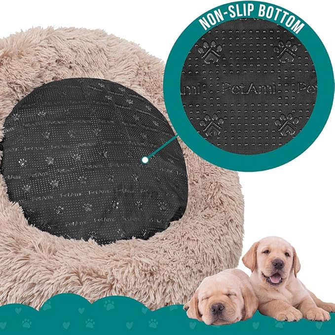 PetAmi Calming Dog Bed for Small & Medium Dogs and Cats, 23 Round Donut Dog Bed, Washable Fluffy Faux Fur Puppy & Cat Bed, Anti-Anxiety Plush Cuddler Pet Bed with Anti-Slip Bottom - Taupe