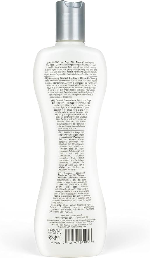 BioSilk for Dogs Silk Therapy Detangling Shampoo, Cleans and Moisturizes, Dematting Shampoo with Silk Proteins and Coconut Oil, No Parabens, pH Balanced, Made in USA, 12 Fl Oz