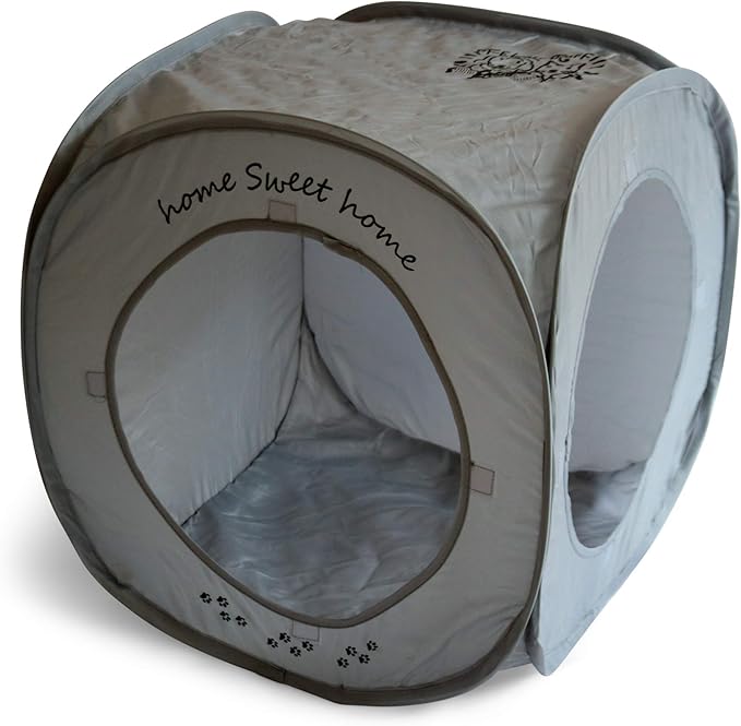 Feline Ruff Home Sweet Home Pop Up Cat Cube. A Collapsible Indoor Cat House. Covered Pet Bed Hideaway Cave for Dogs and Other Pets Too. (Pop Up Cube- Gray)