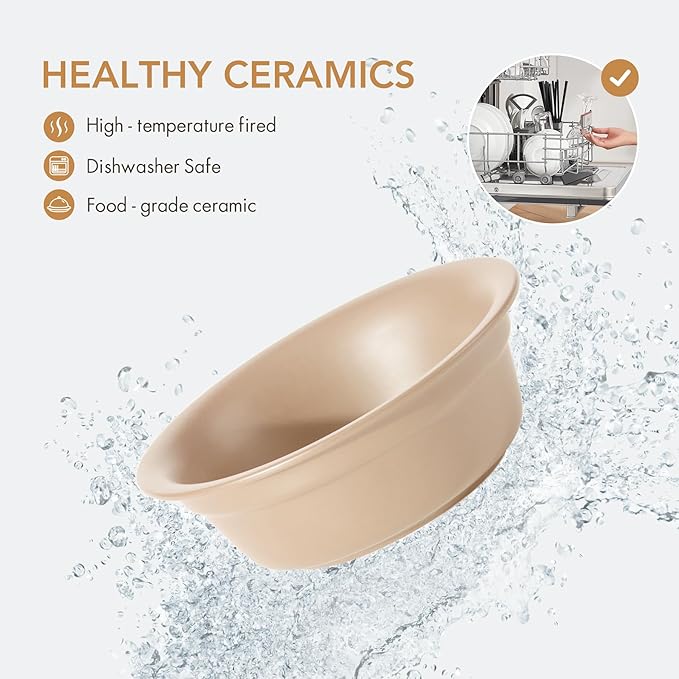 Ceramic 5.5inch Set of 2 Dog and Cat Bowls, 2pcs Basic 1 Cup Food or 9.5 oz Water Dishes for Puppy, Kitty, Wide Opening Rounded Edge (2 Bowls, Oat Beige)