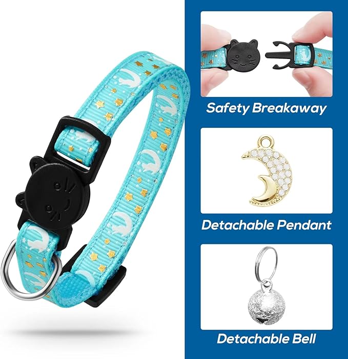 LAFAYI 4 PCS Breakaway Cat Collars with Bell Moons Stars,Kitten Collar and Adjustable with Pendant Glow,Cute Kitty Collar for Girl Boy Cats,Pet Gifts,Accessories(4 Colors)