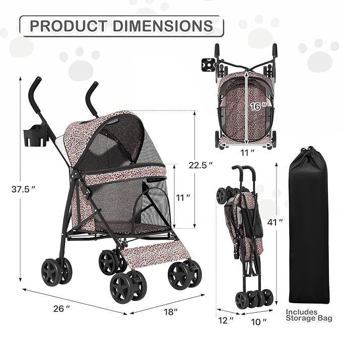 MoNiBloom 4 Wheels Pet Stroller, Easy-Fold Umbrella Shaped Dog Cat Jogger Stroller w/Storage Bag & Visible Mesh for Small/Medium Dogs Cats Leopard Print