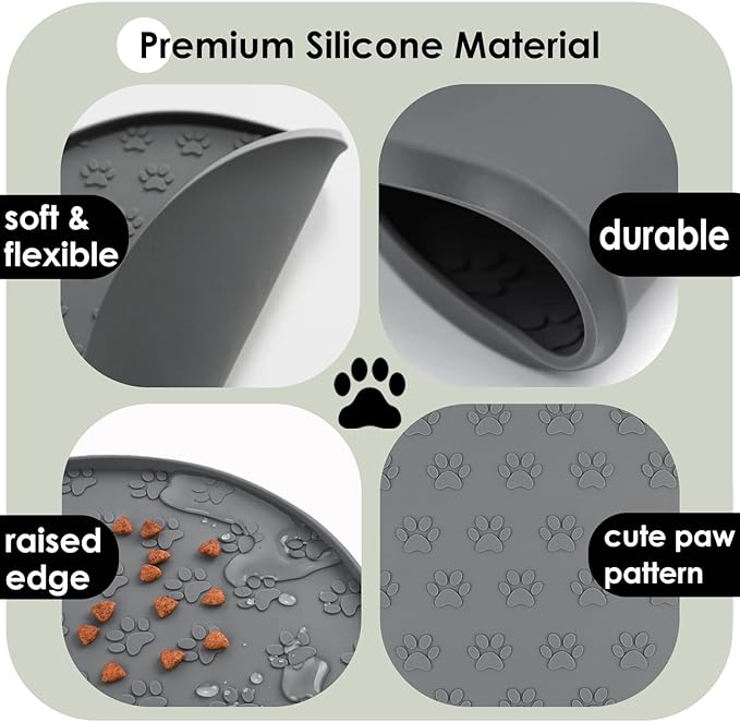 Pet Feeding Mats for Food and Water, Waterproof Anti-Slip Placemats for Dog Cat Bowl, 2 Pack Silicone Pet Food Mat, Dishwasher Safe 10.9 × 10.9 (2 Black, Small Paws)