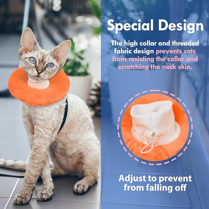 Cat Cones to Stop Licking, Adjustable Neck Soft Elizabethan Collar After Surgery, Comfortable & Lightweight Cute Kitten Donut Collar for Head/Foot Wounds Recovery, Orange Small