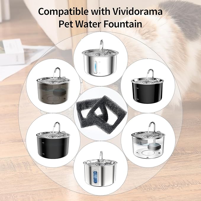 Vividorama Replacement Foam Filter for 3L/ 101oz Cat Water Fountain, 8 Sponge Foam Filters, Black
