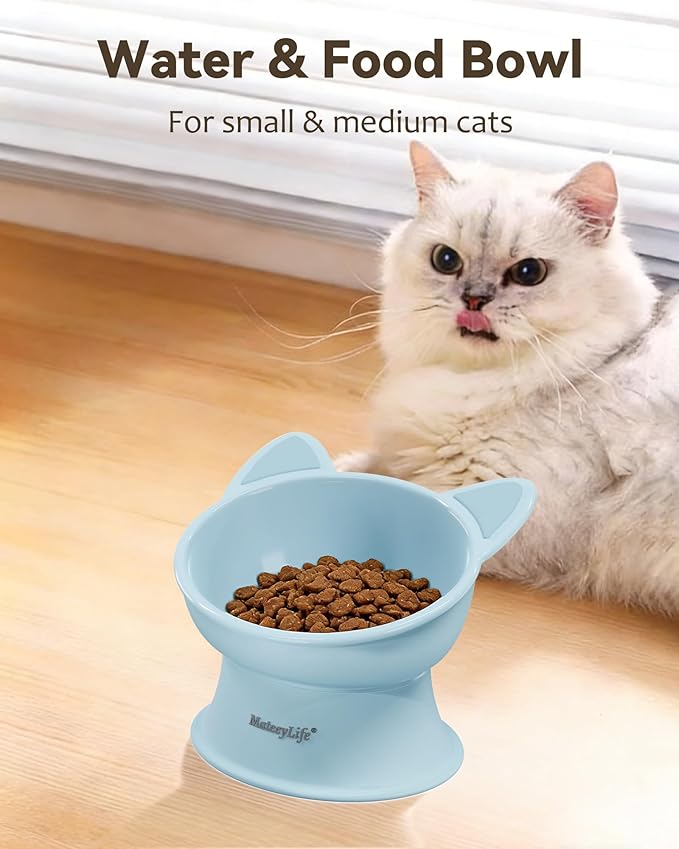 MateeyLife Raised Cat Bowls, Cat Food Bowl Elevated for Kittens & Small Dogs, 15°Tilted Protect Pets' Neck and Anti Vomiting, Whisker Friendly Food & Water Feeding Bowl, 6 oz Each - Blue