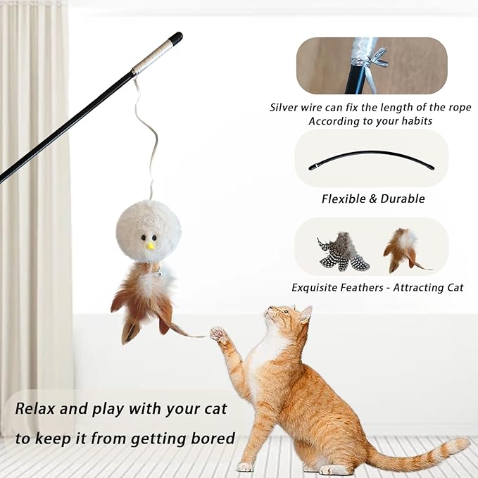 Interactive Cat Wand Toy Set,2 PCS Feather Plush Ball Cat Toys with Catnip & Bell Cats Teaser Sticks for Indoor Play Chase Exercise with Kittens