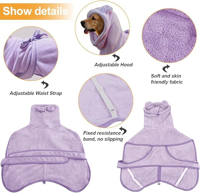 Medium to Large Size Dog Bathrobe, Quick Drying Super Absorbent Used for After Bathing, Warm Dog Towels, Adjustable Hoodies and Belts for Pet Dogs Bath Clothes Products(Purple, 2XL)