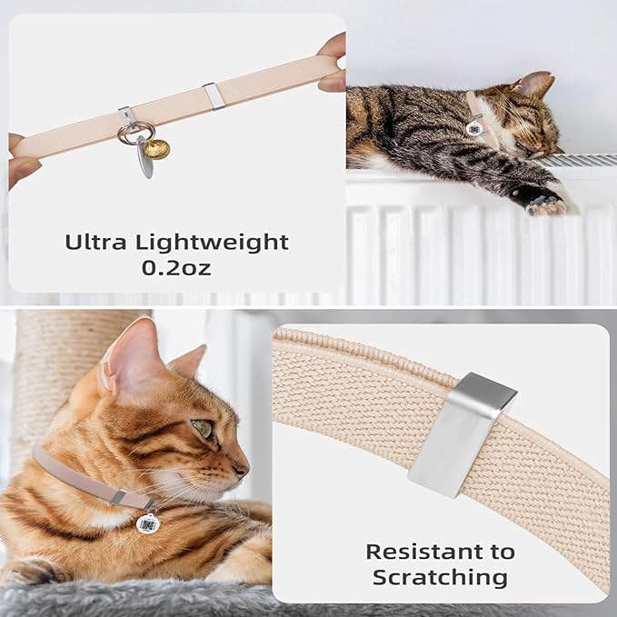 Cat Collar with QR Code Name Tag, Stretch Elastic Quick Release, Cat ID Tag Personalized, Ultra-Durable, Non Breakaway Lightweight Kitten Collar Fits Most Girl Boy Small Large Cats (Khaki)