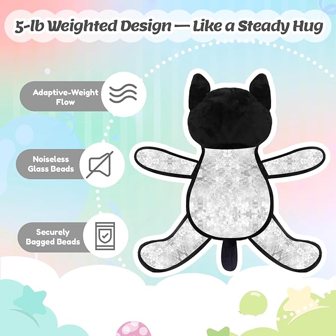 BRICHOEE Weighted Stuffed Animals, 5lbs Black Cat Plush Calming Weighted Black Cat Stuffed Animals, Cute Plush Toy Sensory Plushie Pillow Birthday Gifts for Adults Baby Kids Boys Girls