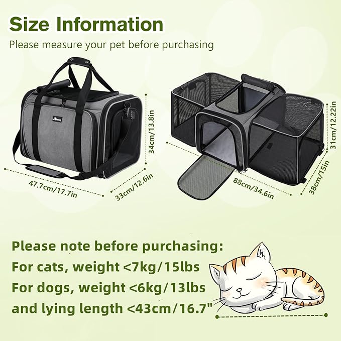 pecute Cat Carrier Expandable, Extra Large Pet Carrier Bag, Foldable Cat Carrier Bag with Breathable Mesh, Pet Carrier Transport Bag for Dogs and Cats, with Shoulder Strap and Pet Bowl
