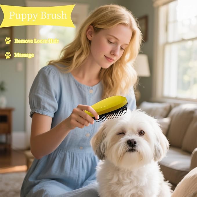 Comma-Shaped Small Dog Brush, Fit for Yorkie, Shih Tzu, Maltese Maltipoo Pomeranian - Gentle Soft Bristles for Effortless Pet Hair Removal, Puppy Essentials (Yellow)