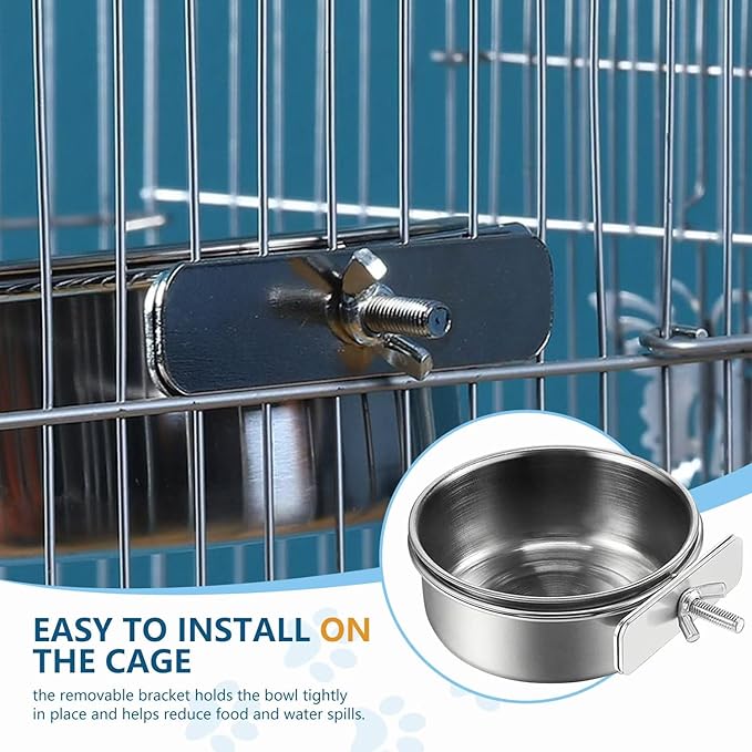 2Pcs Stainless Steel Bird Feeding Bowls, Small Bird Feeding Cup, Stainless Steel Parrot Food Bowl Cage with Holder, Parrot Cage Water Feeder, Pet Cage Cup Holder (Dia 7.09", 4.72",)
