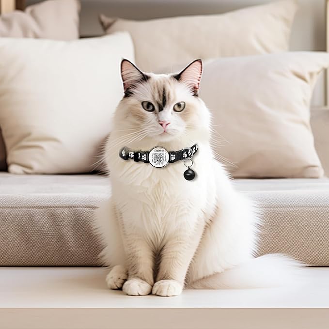 Personalized Paw Print Cat Collar with Smart QR Code ID Tag, 2-Pack Breakaway Reflective Safety Collars with Bell - Adjustable Polyester Collar for Easy Online Pet Profile (Orange)