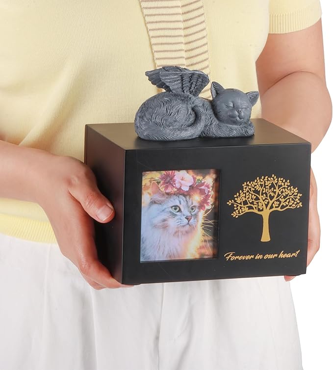 Cat Urns for Ashes, Tree Pattern Wooden Keepsake with Photo Frame, Pet Urn Memory Box with Resin Animal Statue and Sealed Storage Bags (75lbs) (Black)