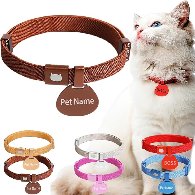 Minimalist Stretch Lightweight Custom Engraved Cat Collar with Name Tag Personalized Cat Collars for Kitten Boy & Girl Cats (Coffee Color, Collar with ID Tag)