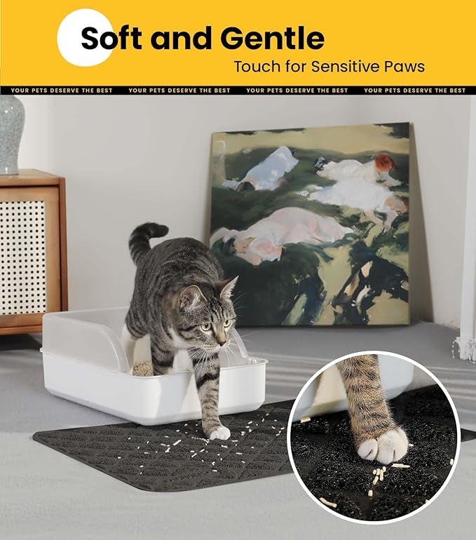 Conlun Cat Litter Mat Litter Trapping Mat, 24”x 17” Premium Durable PVC Cat Litter Box Mat with Scatter Control, Non-Slip, Less Waste Kitty Litter Mat, Soft on Kitty’s Paws, Urine Waterproof, Black