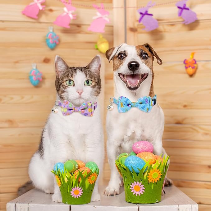 JarThenaAMCS 3 Pcs Easter Cat Collar with Breakaway Bell Bow Tie Rabbit Bunny Egg Adjustable Kitten Collars for Spring Girl Boy Cats Small Pet Party