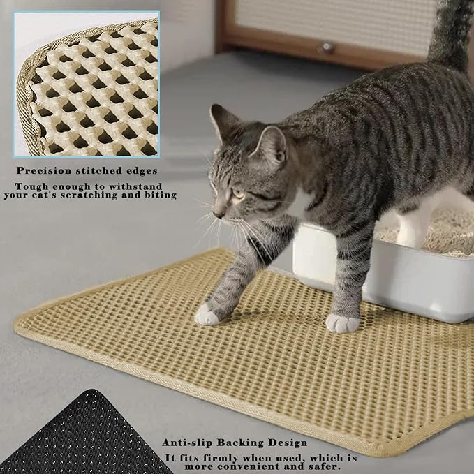 HCY&WLD Cat Litter Mat, Honeycomb Double Layer Cat Litter Trapping Mat, Waterproof Urine Proof Non-Slip, Scatter Control, Less Waste, Easier to Clean (Beige, 35" X 24")