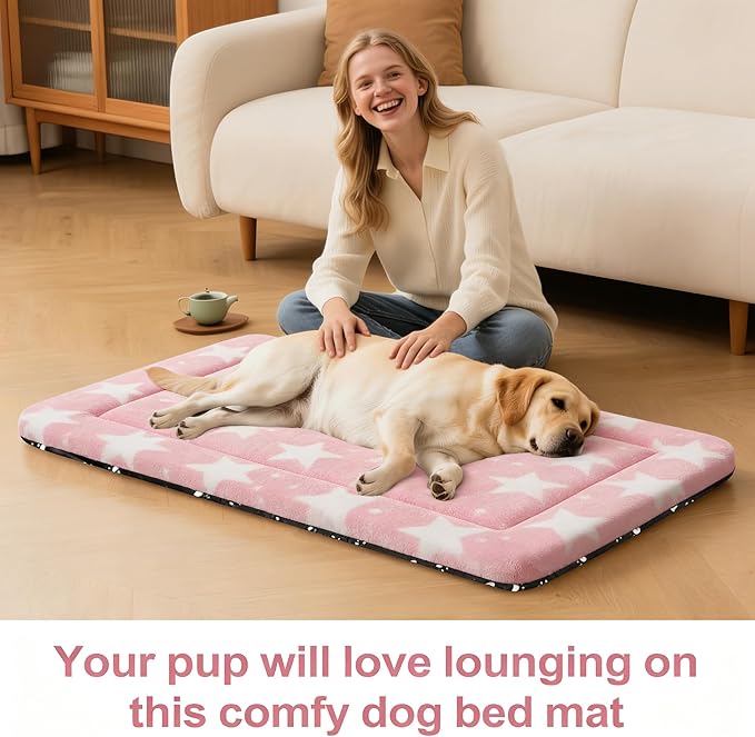 Dog Bed Mat, Reversible Crate Pad & Durable Dog Bed - Machine Washable Kennel Mat with Ultra Soft for Large Dogs (Big&Small Stars Pink, 35" L*23" W*1.5" Th)