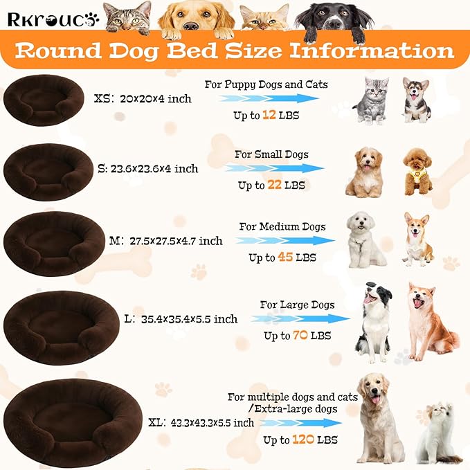 Fluffy Dog Bed Calming Donut Beds for Large Dogs Warming Round Small Medium Pet Nest Cozy Cat Mattress Indoor Washable Puppy Kennel Kittens Sleep Mat (S, 23.6×23.6 inch, Brown)