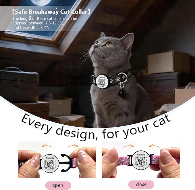 Collar with QR Code,Reflective Cat Collar with Name Tag, Personalized Reflective Cat Collar Breakaway with Bell for Boy & Girl Kitten, Ultra-Durable, Quick Release, Fits Most Girl Boy Cats(Black)