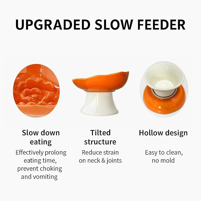 Ceramic Slow Feeder Bowl for Cats and Small Dogs, Elevated Tilted Pet Food Dish, Whisker Friendly Anti-Vomit Design, Heavy Stable Base, Dishwasher Safe， 5 Colors Options (Blush Pink)