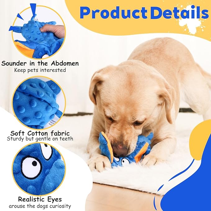 Adorable Elephant Design Dog Squeaky Toys, No Stuffing for Safety, Sounds in Multiple Places for Fun, Soft and Durable Double-Layer Fabric, Tough Dog Toys for Small and Medium Dogs (Blue)