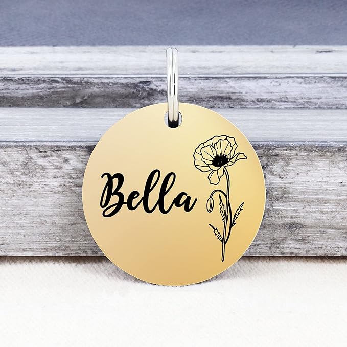 Ultra Joys Personalized Dog Tags for Pets - Durable Stainless Steel Customizable Dog Cat ID Tags - Dog Tags for Safety Optional Engraved on Both Sides -Birth Flower Round Dog Tag Large, Gold