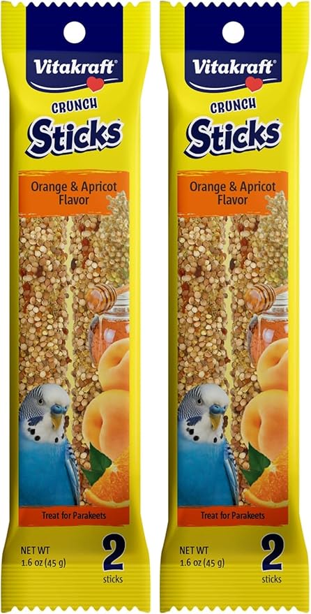 Vitakraft Crunch Sticks Parakeet Treat – 2 Sticks in Orange and Apricot Flavor – Triple Baked with Natural Wood Center – Added Vitamins and Minerals with Cage Clip Holder for Long-Lasting Enrichment