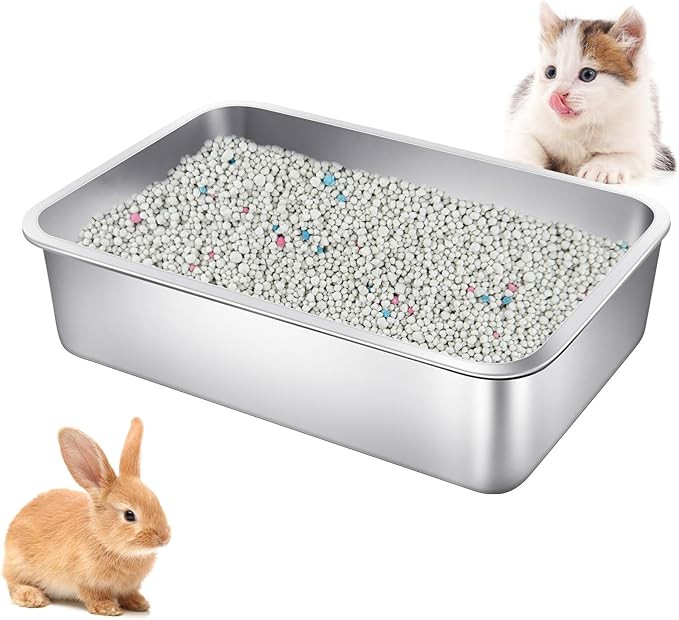 Stainless Steel Cat Litter Box Small 15.7" L x 11.8" W x 3.9" H Metal Litter Box Low Entry Kitty Cat Litter Pan Rustproof, No Smell for Rabbits, Newborn Cats, Ferrets, Guinea Pigs and Hamsters (S,1P)