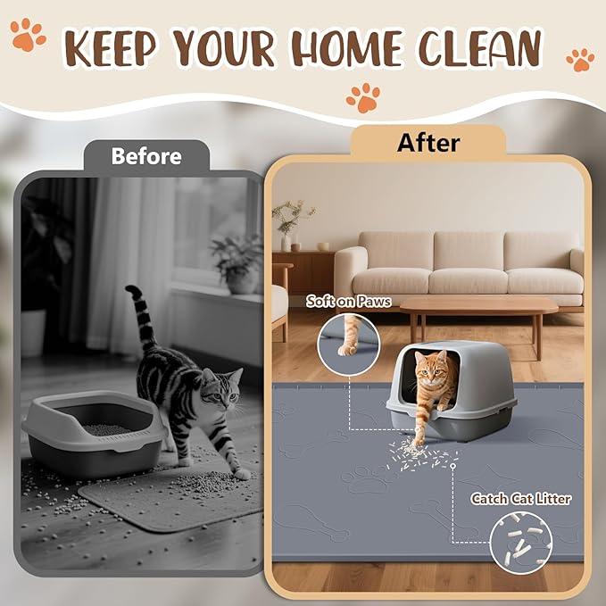 Silicone Cat Litter Mat with Collection Pocket, 42" x 28" Large Cat Litter Box Mat Waterproof Anti-Slip Litter Trapping Mat with Edge and Handle Pet Placemat for Floors (Dark Grey)