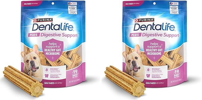 Dentalife Plus Digestive Support Dog Treats for Small and Medium Dogs, Cleans Teeth, Freshens Breath, & Supports Healthy Gut, Chicken & Pumpkin Flavor, 14.4 oz., 19 Chews - 19 ct. Pouch, (Pack of 2)