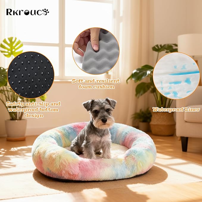 Fluffy Dog Bed Calming Donut Beds for Large Dogs Warming Round Small Medium Pet Nest Cozy Cat Mattress Indoor Washable Puppy Kennel Kittens Sleep Mat (M, 27.5×27.5 inch, Rainbow)