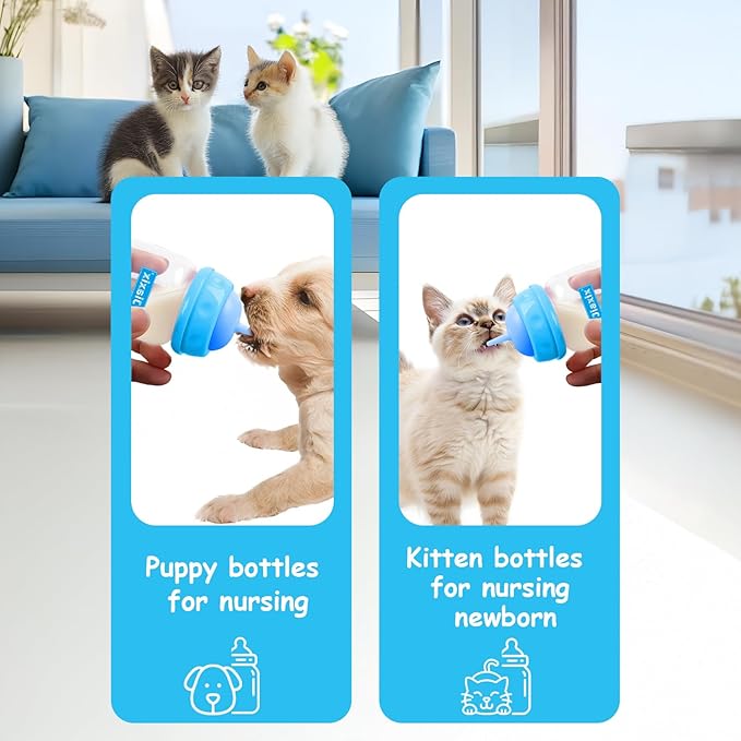 Pet Bottle Feeding Kit, Puppy & Kitten Nursing Supplies, Blue, 60ml Bottle with Anti-Choking Silicone Nipples & Syringes, Newborn Flow, Dishwasher Safe