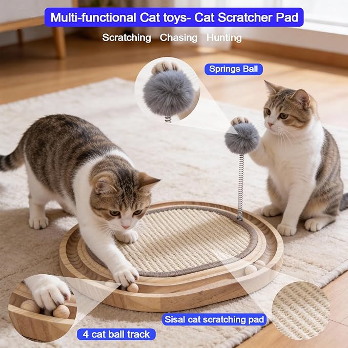 Natural Sisal Cat Scratcher Pad Wooden Interactive cat Toy with Ball Track Springs Ball for Chasing Hunting Physical Exercise Kitten Toys Cat Scratching Mat for Indoor Cats Furniture Protection
