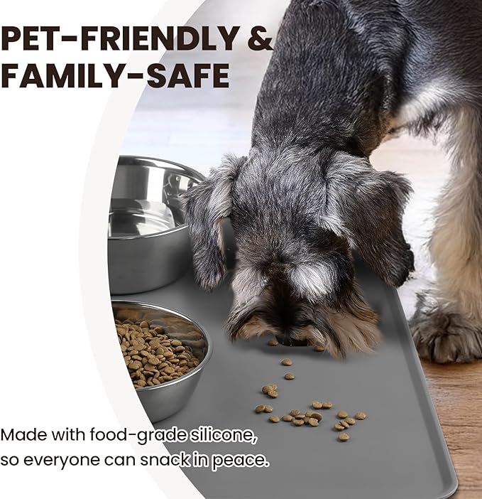 VIVAGLORY Dog Food Mat Flexmat Dog Bowl Mat, Placemat Food Tray with Raised Edges & Lip for Indoor Floor, Non Slip Waterproof Silicone Dish Placemat for Cat & Pet, S, Grey