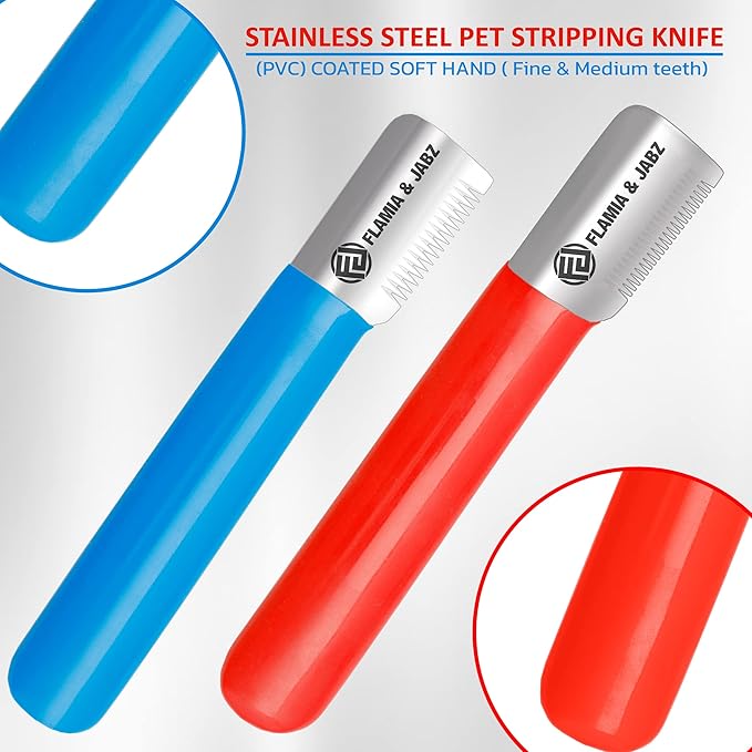 FLAMIA & JABZ Stripping Knife for Dogs, Right Handed, Stainless Steel with Plastic Grip (2 Piece Pack)