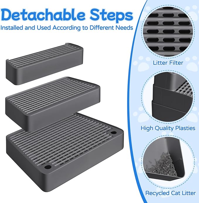 Extra Large 3 Steps Litter Box Ramp, Adjustable Cat Litter Box Step with Filter Function, Easy to Clean Cat Litter Stair Catcher for Elderly Cats and Kitten (Dark Grey)