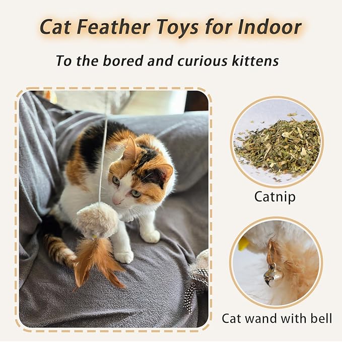 Interactive Cat Wand Toy with Feather,4 Pcs Plush Ball Cat Teaser Sticks with Catnip & Bell Cats Toys for Indoor Play Chase Exercise with Kittens
