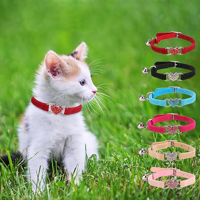 Black Cat Collar With Bell, Bling Kitten Collar Rhinestone Heart Soft Velvet Female Puppy Collars With Bells For XXS XS Tiny Litte Dogs Pet Girls